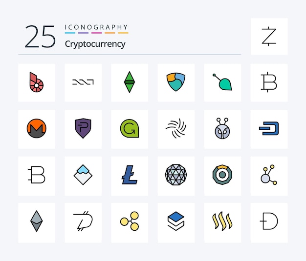 Vektor cryptocurrency 25 line filled icon pack inklusive coin crypto currency ethereum crypto nem