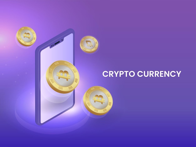 Cryptocurrency-Konzept mit 3D-Smartphone und goldenen Bitcoins auf lila Hintergrund.