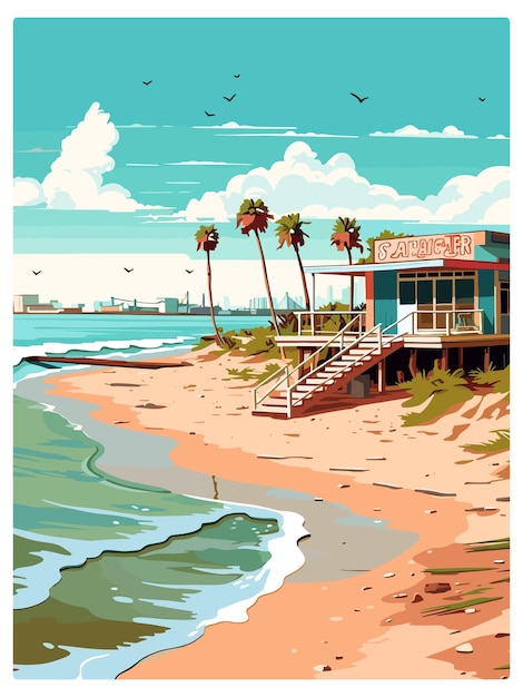 Vektor crystal beach texas vintage reiseposter souvenir postkarten porträtmalerei wpa-illustration