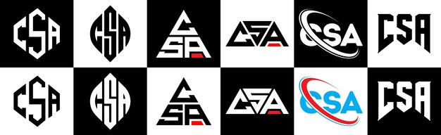 Vektor csa buchstaben-logo-design in sechs stilen csa polygon kreis dreieck hexagon flacher und einfacher stil mit schwarz-weißer farbvariation buchstaben-logo-set in einem artboard csa minimalistisches und klassisches logo