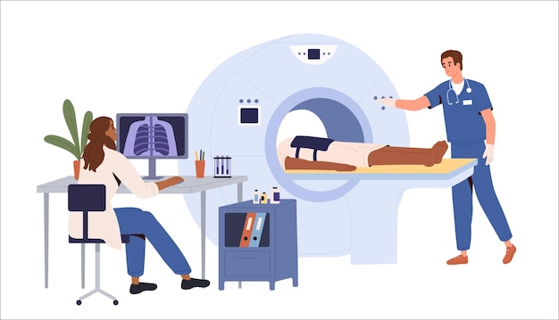 Vektor ct-scan computertomographie-scan der arzt führt einen ct-scan der lunge durch patientenklinik mrt