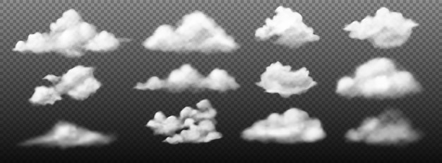 Cumulus-Wolken Realistische weiße Sommersaison Wolkenlandschaft Elemente Himmel Kondensation Niederschlag Mockup isoliert auf transparentem Hintergrund Flauschiger Rauch Bewölktes Wetter Vektor 3D-wolkige Formen gesetzt