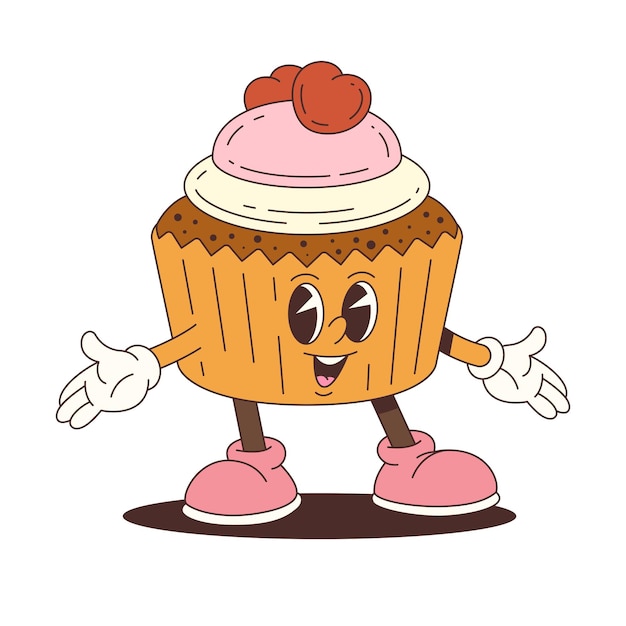 Cupcake-Charakter-Maskottchen mit rosa Eiscreme und Kirschen-Cartoon-Vektor für Spaß-Food-Branding