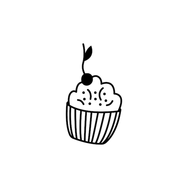 Cupcake doodle linear Süßes Muffin mit Kirsche Tea Party Element auf weißem Hintergrund Hand gezeichnet