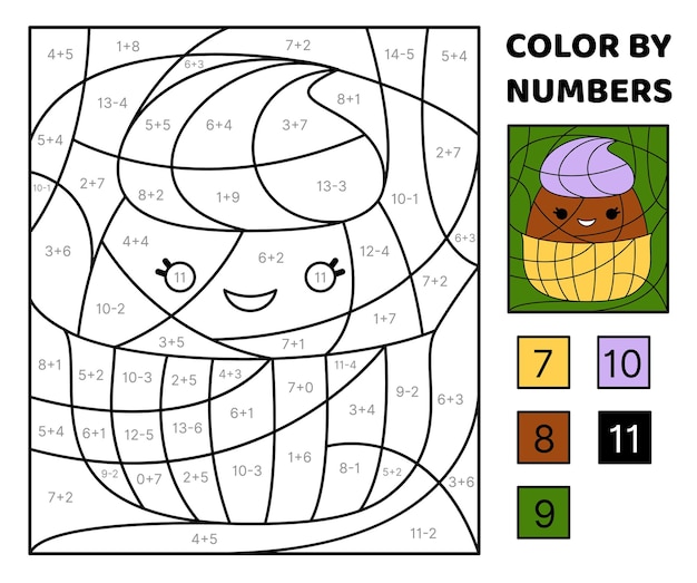 Cupcake Lösen Sie das Problem und färben Sie das Bild Addition Subtraktion Malbuch Vektor