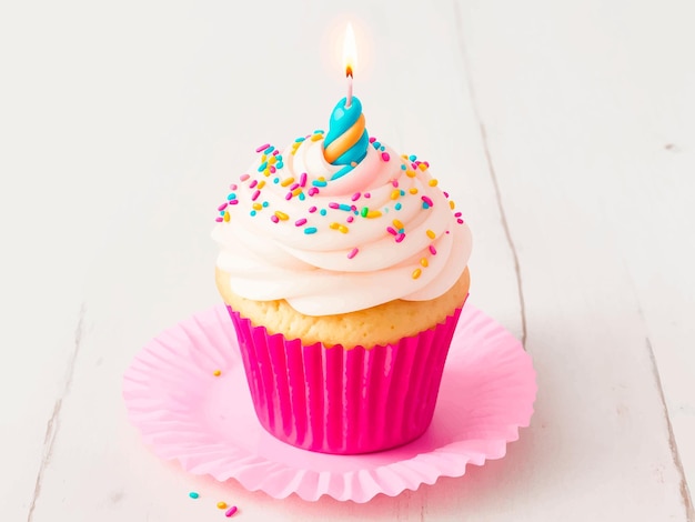 Cupcake mit Bonbonstreuseln und Kerze
