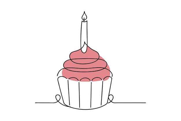 Cupcake mit einer Kirsche auf Kerzenkopf Frosting kontinuierliche Ein-Linien-Zeichnung im bearbeitbaren Stroke-Stil
