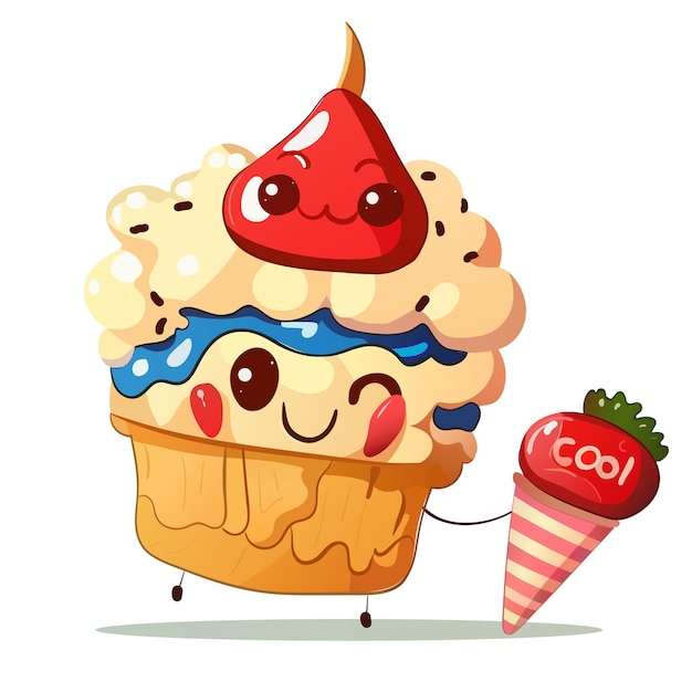 Cupcake mit Sahne Niedlicher lächelnder Cartoon-Muffin mit Erdbeere oben drauf und Eis in der Waffel mit coolem Schriftzug. Kuchen-Dessert-Füllung, süße, köstliche Kinderzeichnung, attraktiv