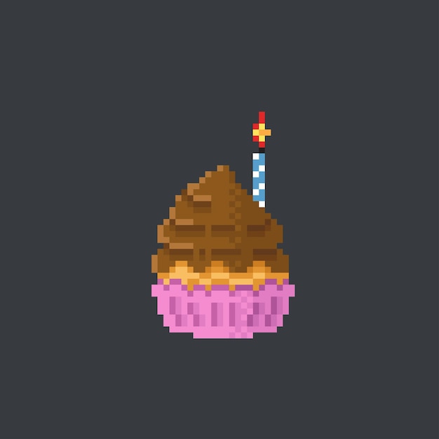 Cupcake mit schokoladencreme und kerze im pixel-art-stil