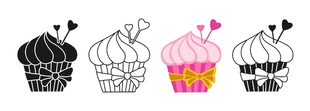 Cupcake-muffin-cartoon-symbol doodle-stempel stilisiertes set gebäck kuchen creme design zeichen linearer vektor