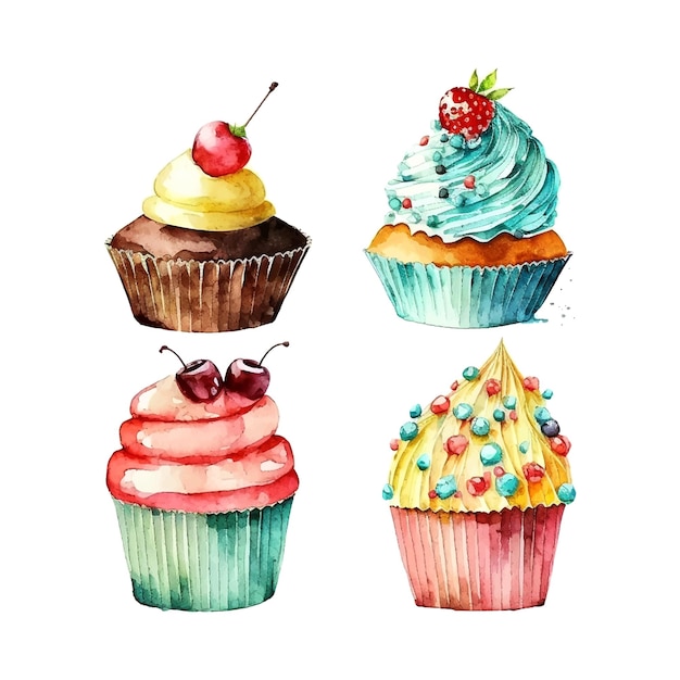 Cupcake-set mit cremefarbenem aquarell-illustrationseis