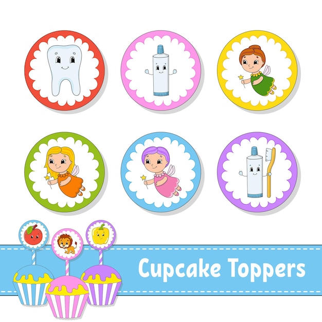 Cupcake-topper set aus sechs runden bildern cartoon-figuren nettes bild