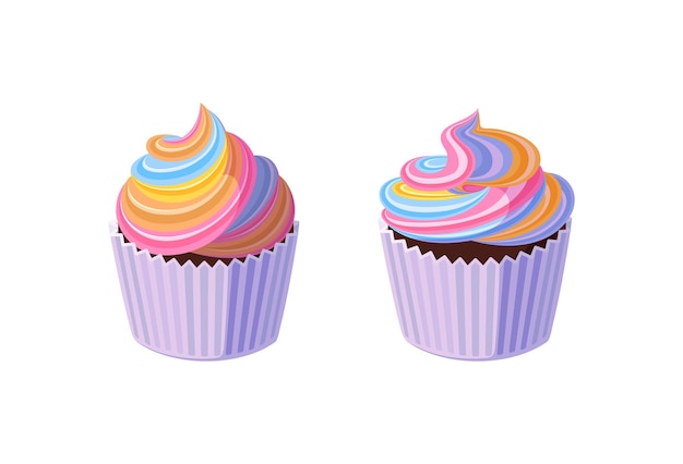Cupcakes mit gewirbeltem Regenbogen-Zuckerguss Leckere Muffins mit bunter Sahne Vektor-Illustration