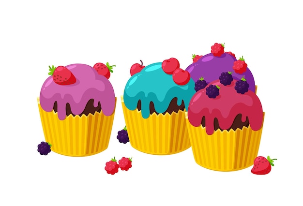 Vektor cupcakes mit kirsche, himbeere, brombeere und erdbeere set geburtstagsmuffins im pappbecher