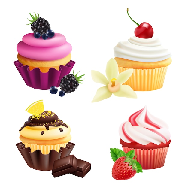 Cupcakes Sammlung. Realistische Muffins mit Sahne, Früchten, Vanille, Schokolade. Cupcakes auf weißem Hintergrund