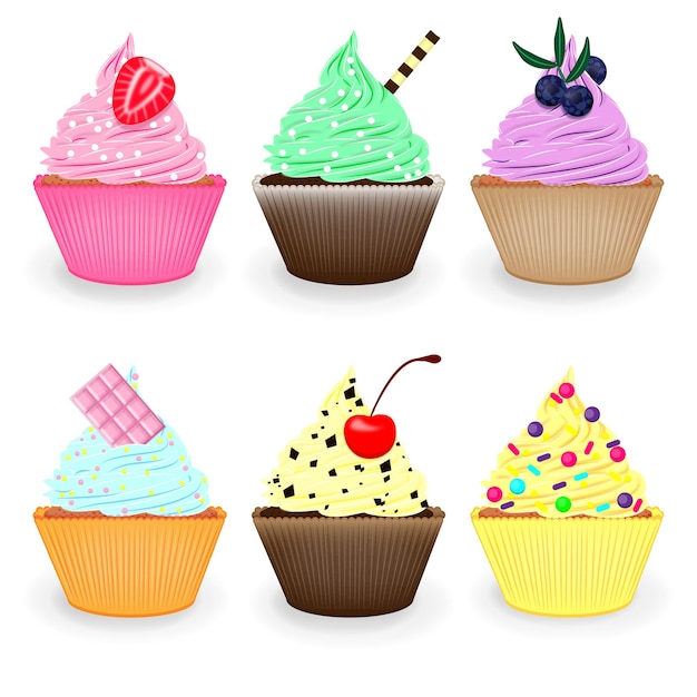 Cupcakes set muffin realistisch mit verschiedenen geschmacksrichtungen isoliert auf weißem hintergrund köstliches dessert mit kirschen dekoriert heidelbeeren kirschen streuseln creme tubuli vektor-illustration