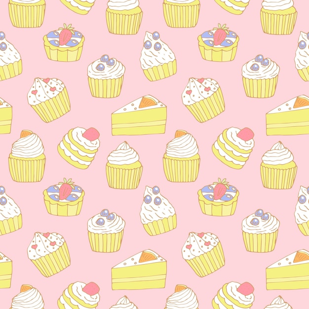 Cupcakes und Kuchen Musterdesign Vektor Illustration Handzeichnung Kritzeleien rosa Hintergrund