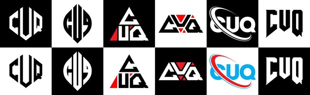 Vektor cuq buchstaben-logo-design in sechs stilen cuq polygon kreis dreieck hexagon flacher und einfacher stil mit schwarz-weißer farbvariation buchstaben-logo-set in einem artboard cuq minimalistisches und klassisches logo