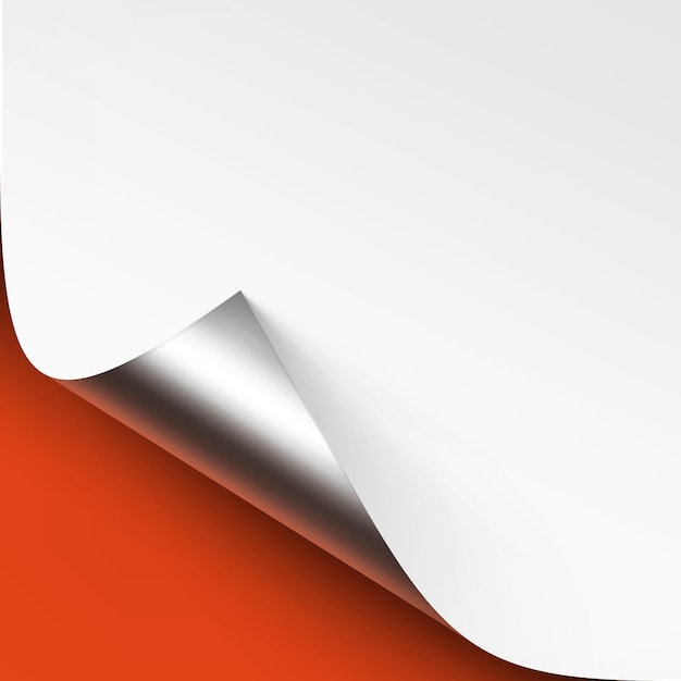 Curled Metalic Silver Ecke des weißen Papiers mit Schatten Nahaufnahme