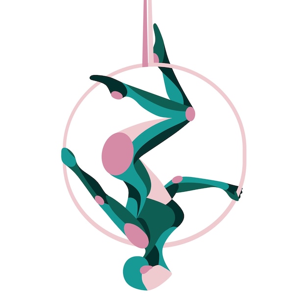 Vektor curly gymnastik mit ringakrobatik glatte formen vektorsilhouette eines flexiblen athletischen mädchens