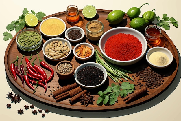 Vektor curry-masala-pulver mit zutaten aus gewöhnlichem gewürz, chili-nelken, zitronen-curry-pulver in indischer küche
