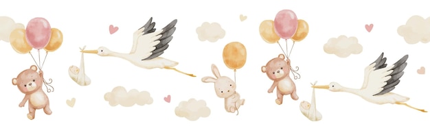 Vektor cute aquarell nahtlose grenze mit fliegendem storch mit neugeborenen bär und kaninchen