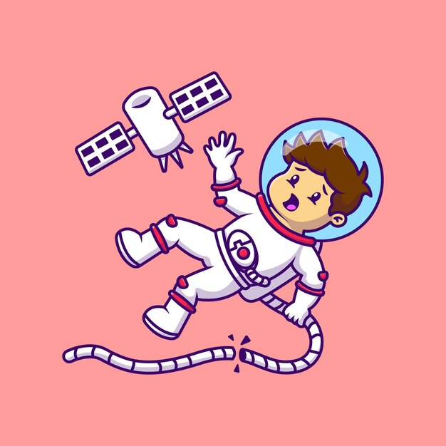 Vektor cute astronaut crash floating with satellite cartoon vector icons illustration flat cartoon concept