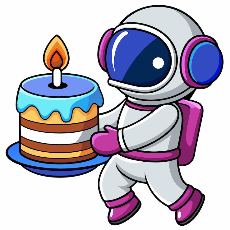 Vektor cute astronaut feiern mit geburtstagskuchen cartoon vector icon illustration science food icon concept isolated premium vector flat cartoon style