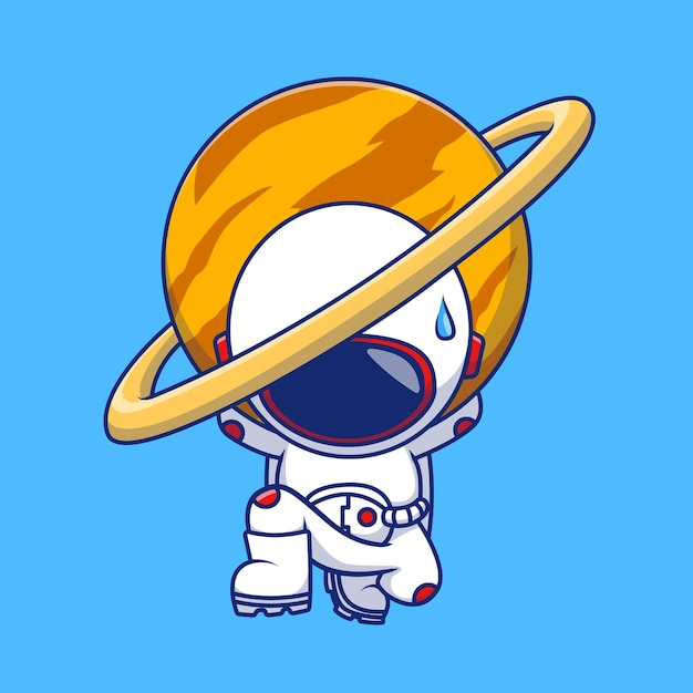 Cute astronaut lifting planet cartoon vector icons illustration flach cartoon konzept das ist eine sehr schöne karikatur.