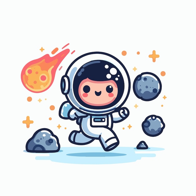 Vektor cute astronaut running meteor cartoon vector icon illustration cartoon astronaut adventure (cartoon astronaut abenteuer)