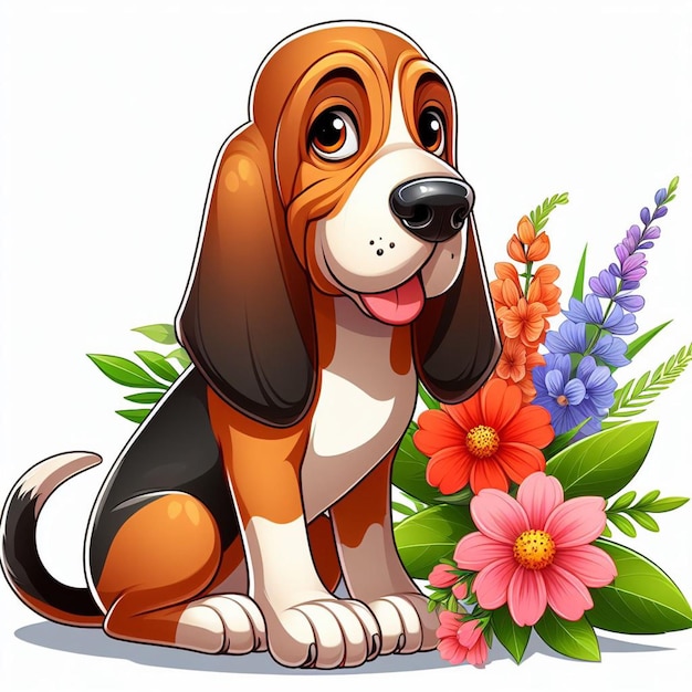 Cute bloodhound hund und blumen vektor cartoon-illustration