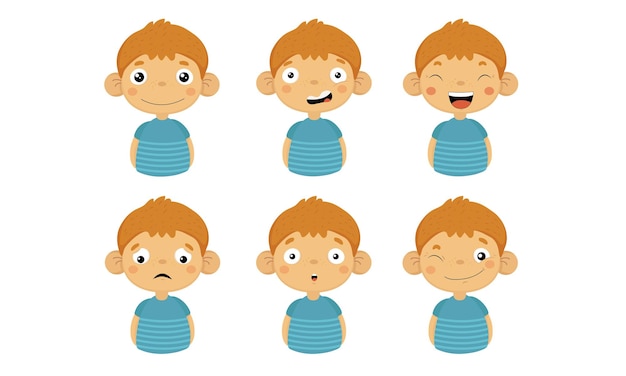 Vektor cute boy gesichtsemotionen setzen kinder gesicht mit verschiedenen ausdrücken junge zeigt stimmungen variety vector illustration