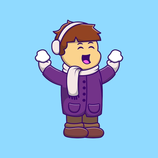 Cute boy holding snow cartoon vector icons illustration flach cartoon konzept für jede kreation geeignet