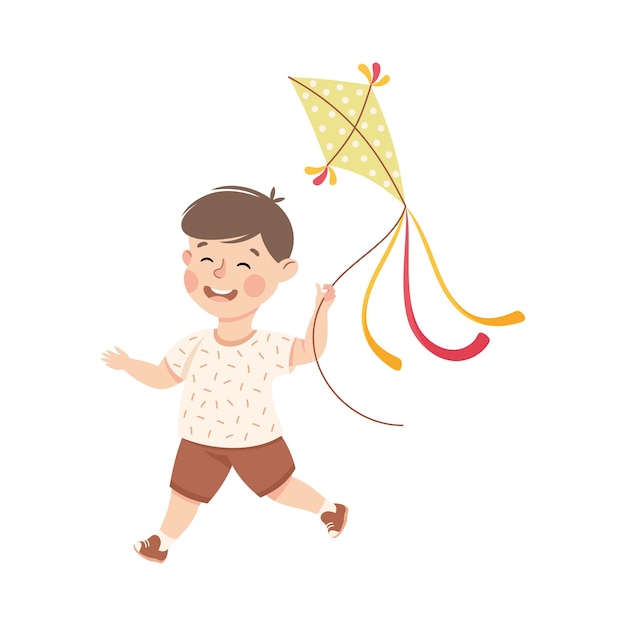 Cute Boy spielt Kite Adorable Kid Freizeitaktivität Konzept Cartoon Vektor-Illustration