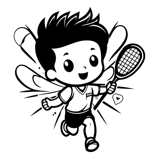 Vektor cute boy tennisspieler zeichentrickfilm maskottchen charakter vektor-illustration