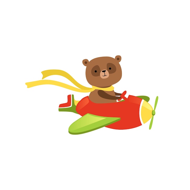Cute brauner Bär fliegen auf rotem Flugzeug lustig Flugzeug Pilot mit Schal auf Hals flach Vektordesign für