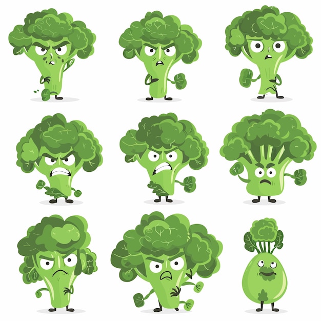 Vektor cute_broccoli_charaktere_mit_angry_emotionen