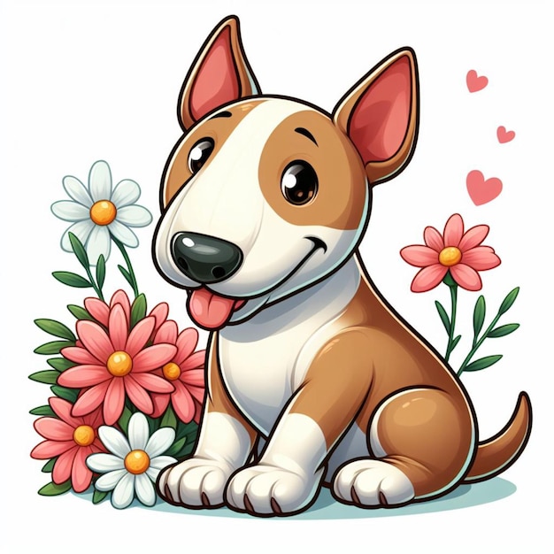 Cute bull terrier hund und blumen vektor cartoon-illustration