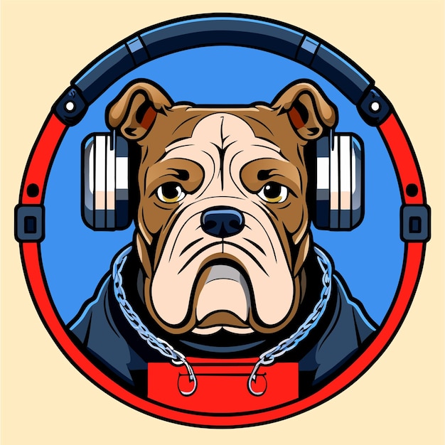 Vektor cute bulldog mit kopfhörern handgezeichnetes flaches stilvolles cartoon-sticker-icon-konzept