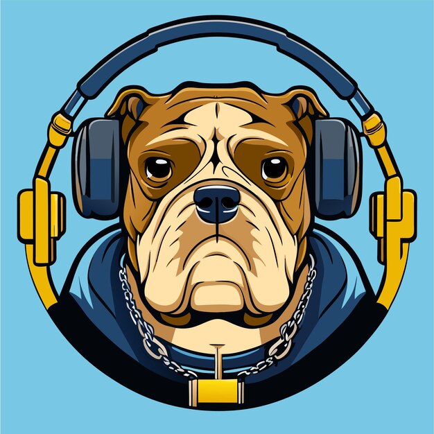 Vektor cute bulldog mit kopfhörern handgezeichnetes flaches stilvolles cartoon-sticker-icon-konzept