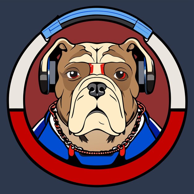 Vektor cute bulldog mit kopfhörern handgezeichnetes flaches stilvolles cartoon-sticker-icon-konzept