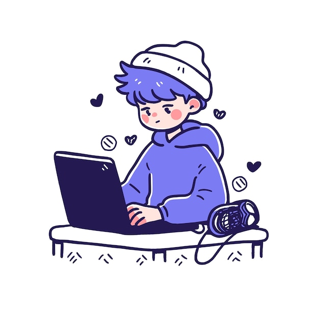 Cute Cartoon Boy arbeitet auf einem Laptop, minimalistische Vektorillustration