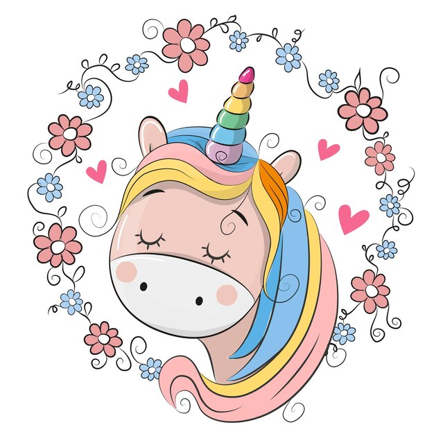 Vektor cute cartoon einhorn mit blumen auf weißem hintergrund