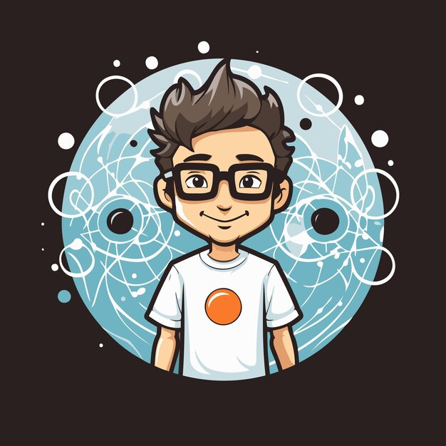 Vektor cute cartoon-junge mit brille und t-shirt vektor-illustration