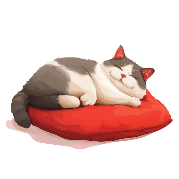 Vektor cute_cartoon_sleepinga_fat_cat_lies_on_a_red_pw