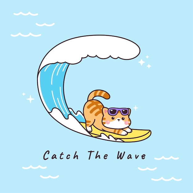 Cute cat cartoon drawing surfen mit wellen im sommer