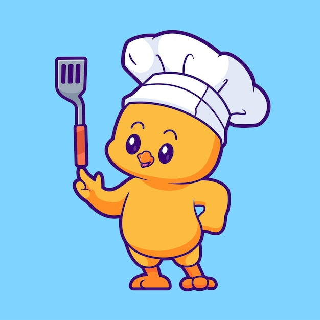 Cute Chicken Chef hält Spatula Cartoon Vector Icon Illustration Tierfutter Icon Isolated Flat