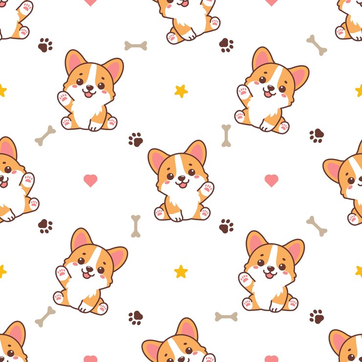 Cute Corgi Welpe sitzt und winkt mit der Pfote Cartoon nahtloses Muster Vektor-Illustration