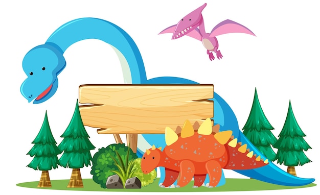 Vektor cute dinosaurier-cartoon mit holz-zeichen-banner