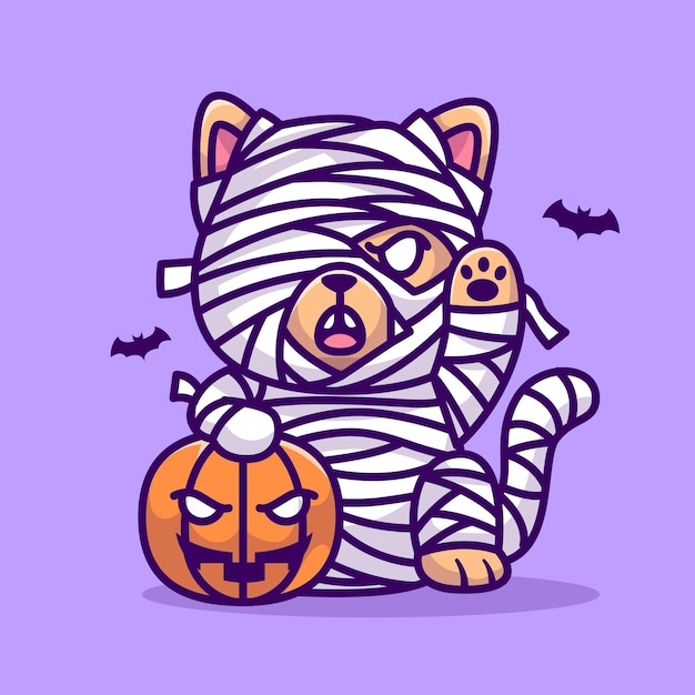 Cute dog mummy holding pumpkin cartoon vector icon illustration animal holiday icon isolated flat